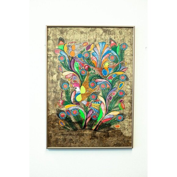Vtg Amate Bark Painting Mexico Folk Art Mythical 3 Hidden Birds In Magnificent - Picture 1 of 2